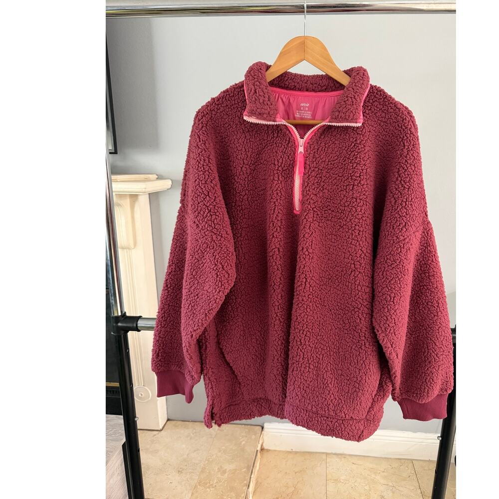 Aerie Womens Dream Sherpa Quarter Zip Pullover Jacket Fluffy Teddy S Brick NWT